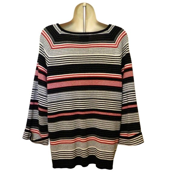 Croft & Barrow Striped Knit Top XL Black Silver Red Gray Scoop Neck 3/4 Sleeve - Picture 5 of 8